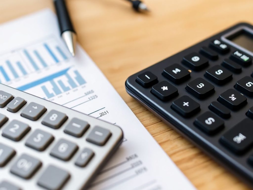 Calculator și documente financiare pe un birou din lemn.