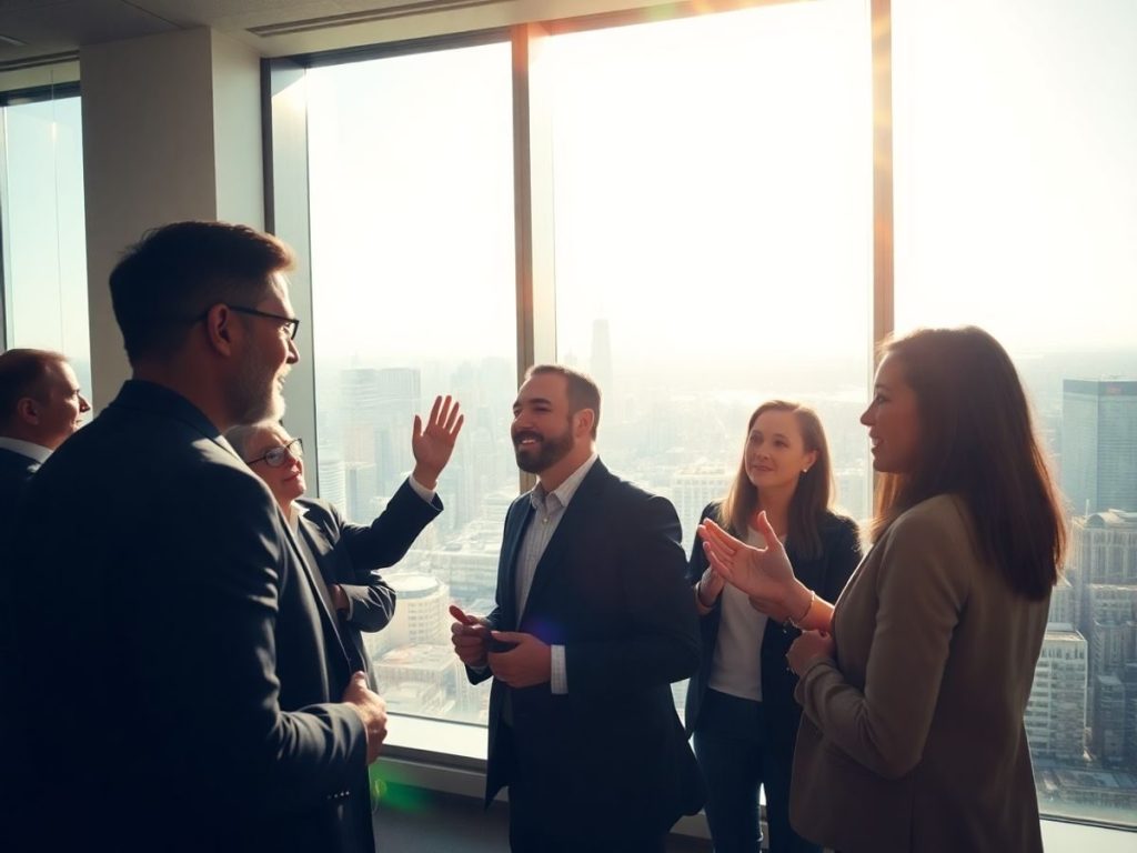 Oameni de afaceri, birou modern, dinamism financiar românesc