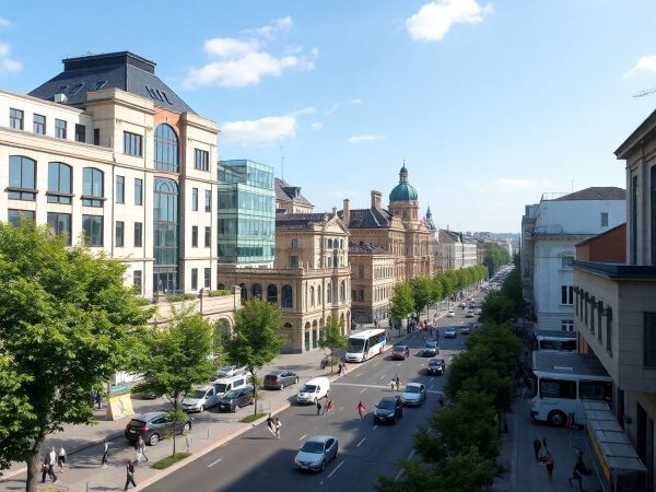 Oraș modern din România cu clădiri inovatoare.