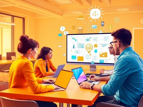 Spațiu de lucru digital cu colaborare și tehnologie modernă.