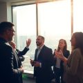 Oameni de afaceri, birou modern, dinamism financiar românesc