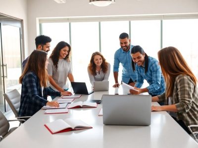 Tineri antreprenori discutând idei inovatoare, birou modern