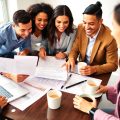 Grup de antreprenori colaborând pentru succesul financiar al afacerii.