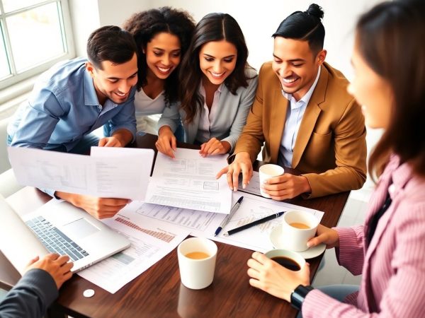 Grup de antreprenori colaborând pentru succesul financiar al afacerii.